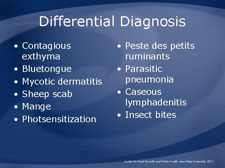 Differential Diagnosis • Contagious exthyma • Bluetongue • Mycotic dermatitis • Sheep scab •