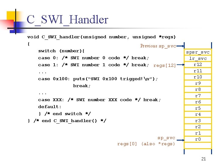 C_SWI_Handler void C_SWI_handler(unsigned number, unsigned *regs) { Previous sp_svc switch (number){ case 0: /*