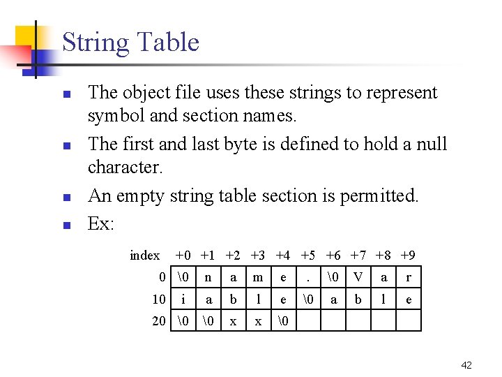 String Table n n The object file uses these strings to represent symbol and