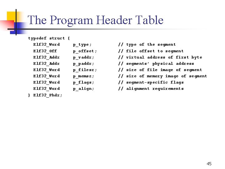 The Program Header Table typedef struct { Elf 32_Word p_type; Elf 32_Off p_offset; Elf