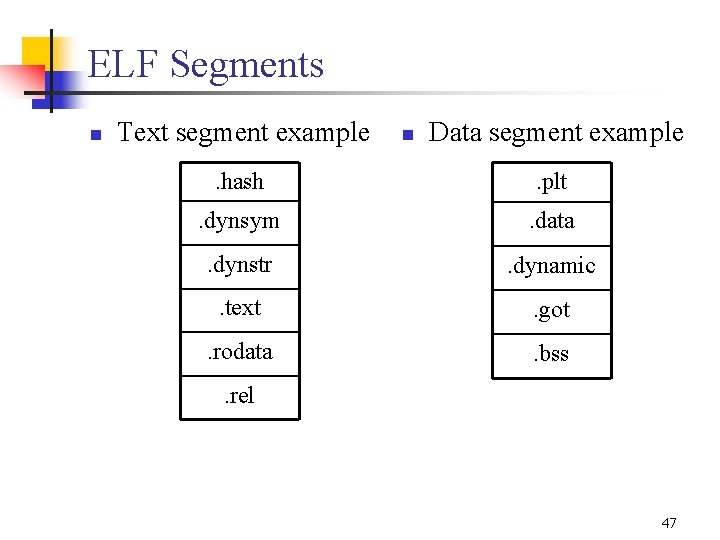 ELF Segments n Text segment example n Data segment example . hash . plt