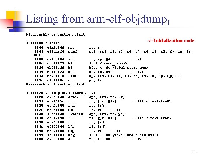 Listing from arm elf objdump 1 Disassembly of section. init: 00008000 <_init>: 8000: e