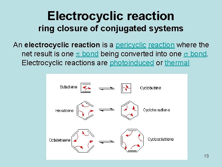 Electrocyclic reaction ring closure of conjugated systems An electrocyclic reaction is a pericyclic reaction