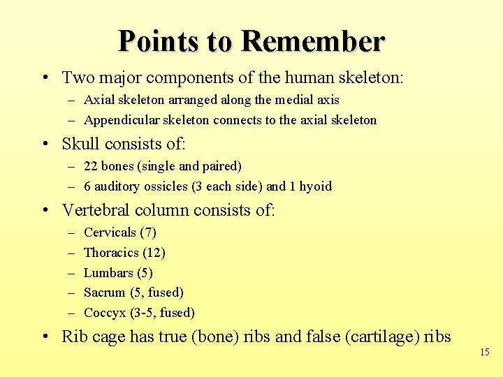 Points to Remember • Two major components of the human skeleton: – Axial skeleton