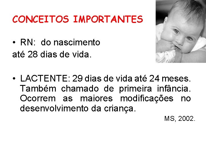 CONCEITOS IMPORTANTES • RN: do nascimento até 28 dias de vida. • LACTENTE: 29