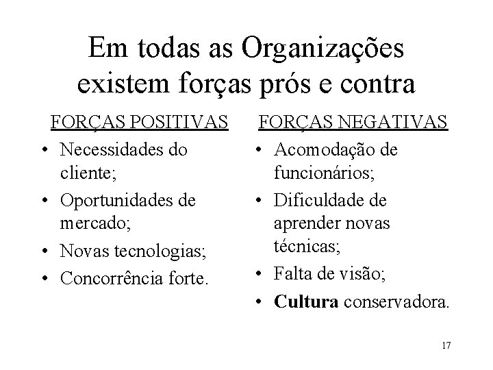 Em todas as Organizações existem forças prós e contra FORÇAS POSITIVAS • Necessidades do