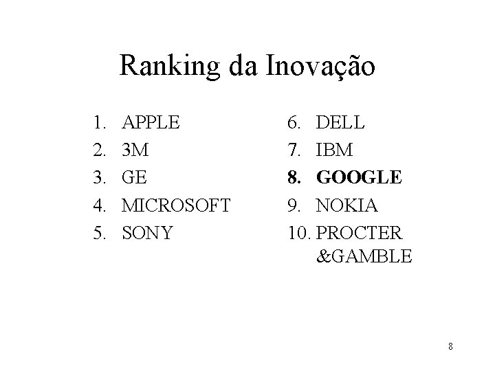 Ranking da Inovação 1. 2. 3. 4. 5. APPLE 3 M GE MICROSOFT SONY