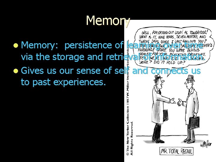 Memory l Memory: persistence of learning over time via the storage and retrieval of