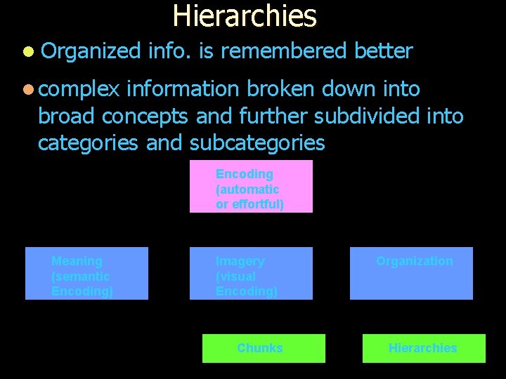 Hierarchies l Organized info. is remembered better l complex information broken down into broad