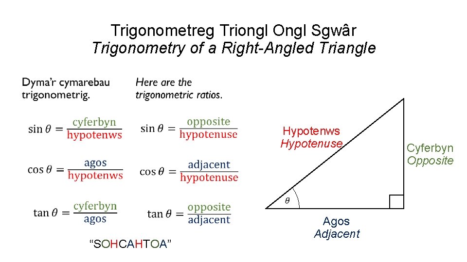 Trigonometreg Triongl Ongl Sgwâr Trigonometry of a Right-Angled Triangle • Hypotenws Hypotenuse “SOHCAHTOA” Agos