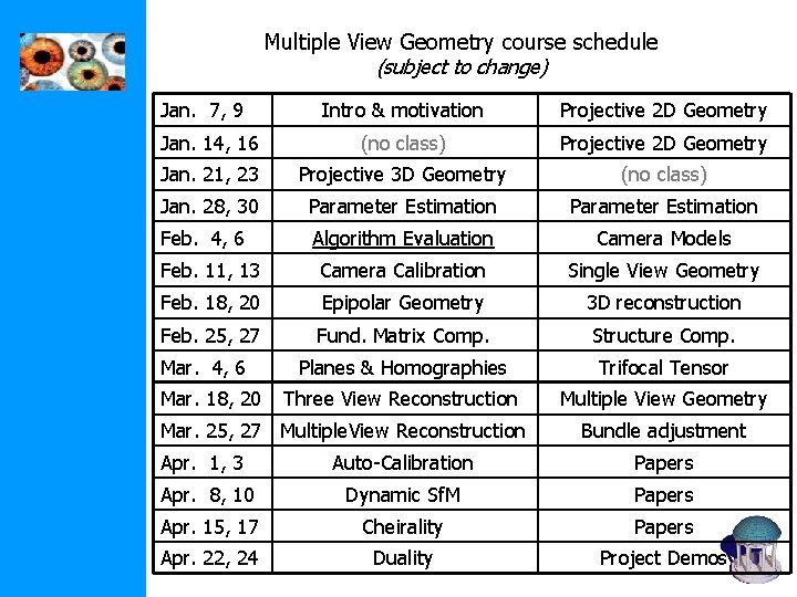 Multiple View Geometry course schedule (subject to change) Jan. 7, 9 Intro & motivation Multiple View Geometry course schedule (subject to change) Jan. 7, 9 Intro & motivation