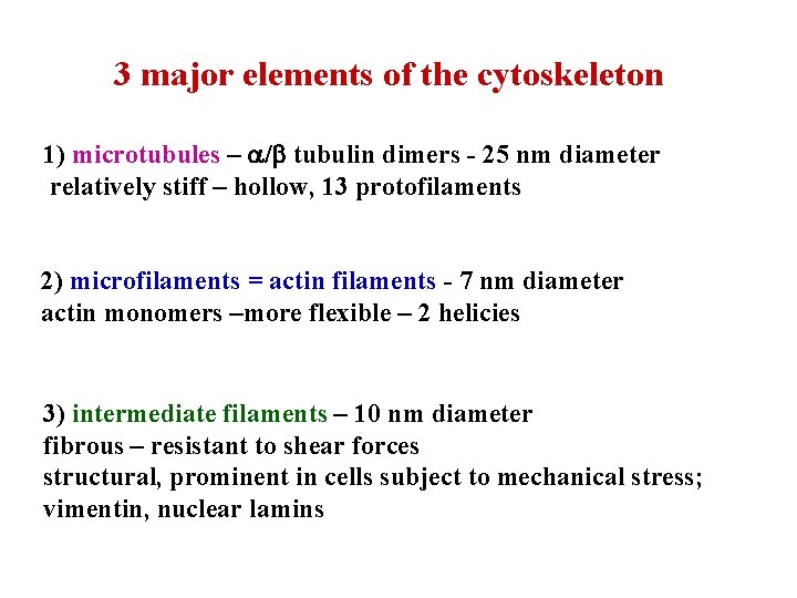 3 major elements of the cytoskeleton 1) microtubules – a/b tubulin dimers - 25