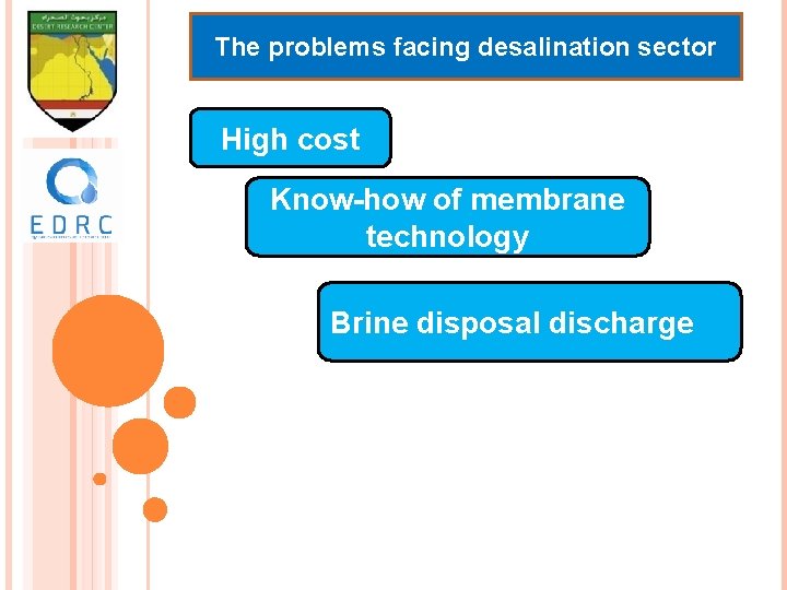 The problems facing desalination sector High cost Know-how of membrane technology Brine disposal discharge