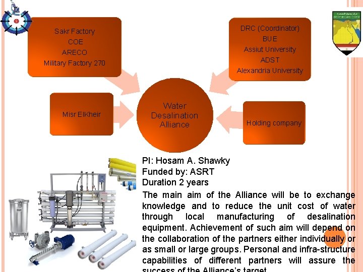 DRC (Coordinator) Sakr Factory BUE COE Assiut University ADST Alexandria University ARECO Military Factory