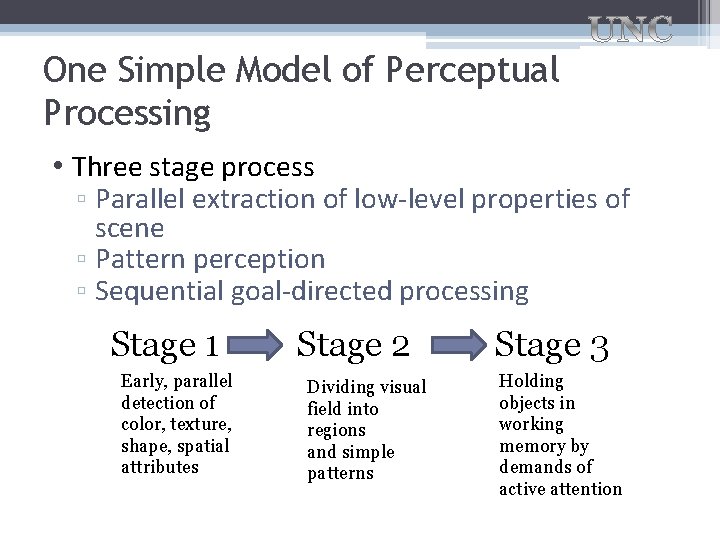 One Simple Model of Perceptual Processing • Three stage process ▫ Parallel extraction of