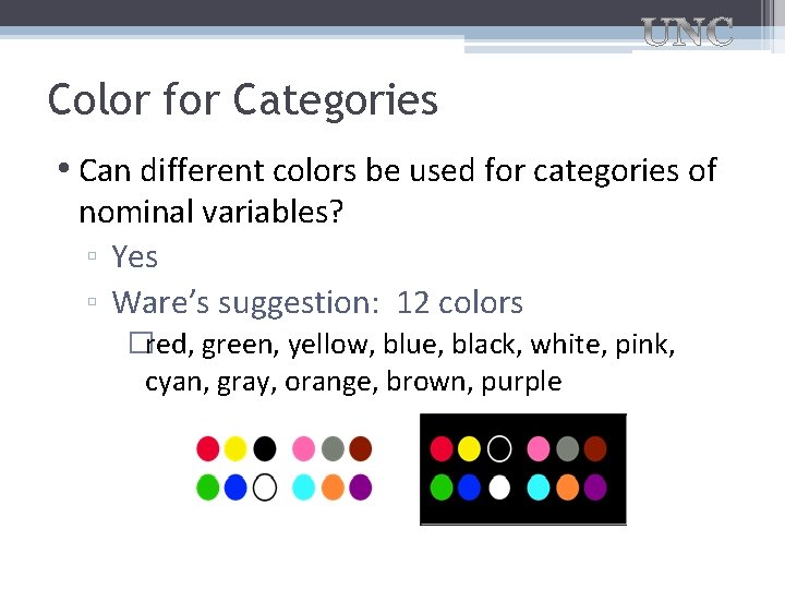 Color for Categories • Can different colors be used for categories of nominal variables?