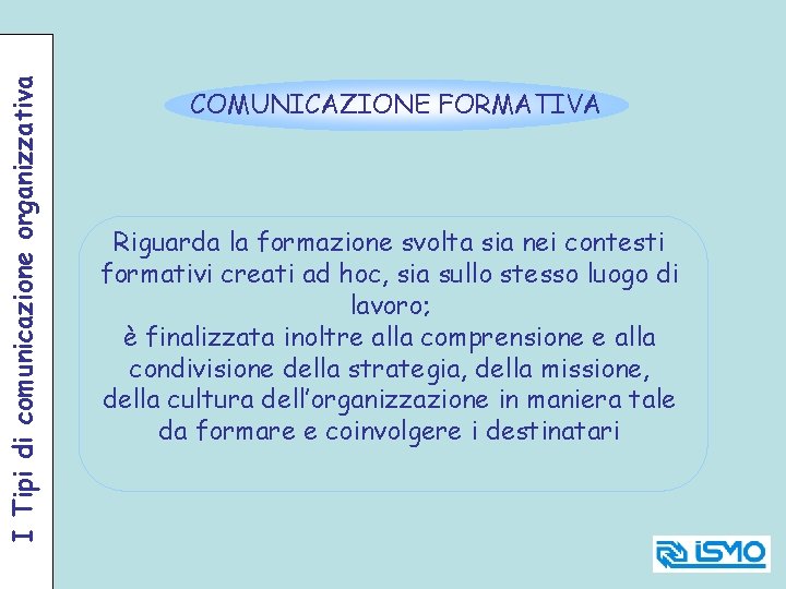 I Tipi di comunicazione organizzativa COMUNICAZIONE FORMATIVA Riguarda la formazione svolta sia nei contesti