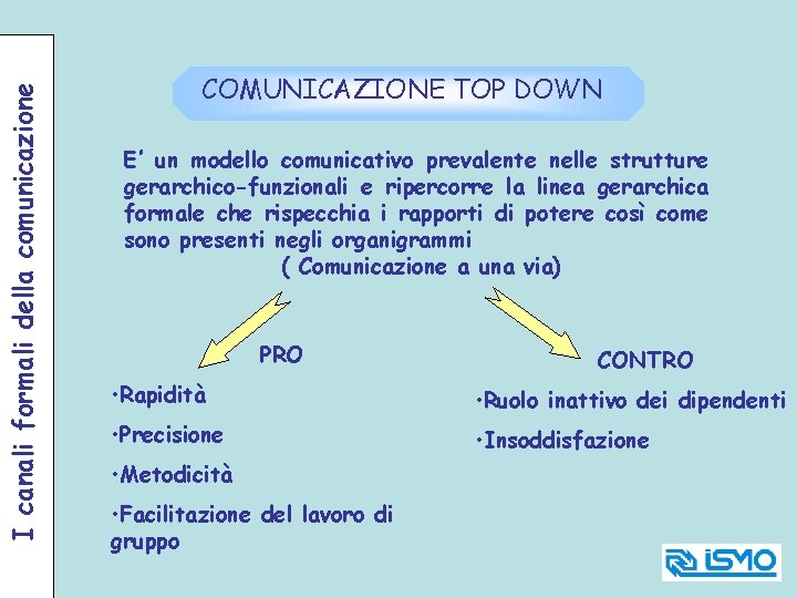 I canali formali della comunicazione COMUNICAZIONE TOP DOWN E’ un modello comunicativo prevalente nelle