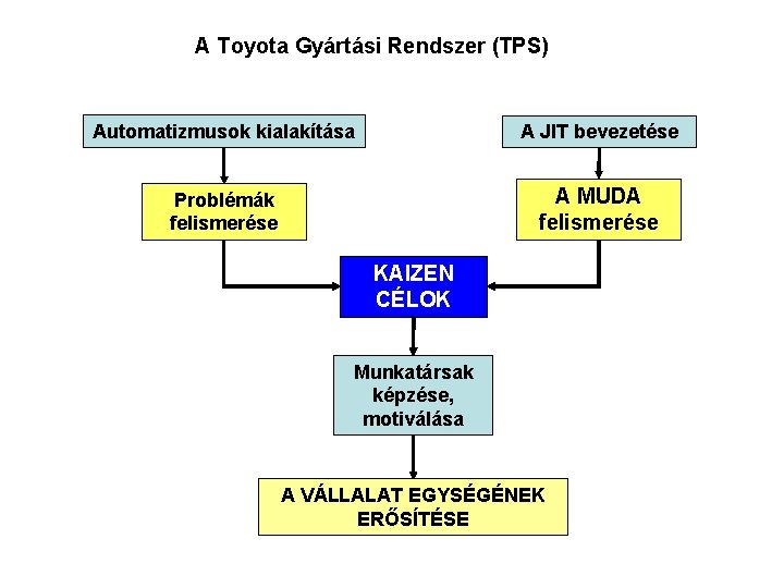 A Toyota Gyártási Rendszer (TPS) Automatizmusok kialakítása A JIT bevezetése Problémák felismerése A MUDA