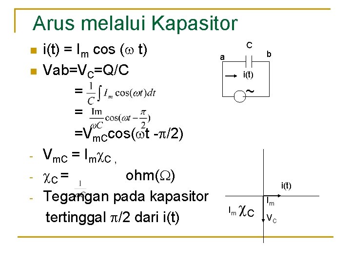 Arus melalui Kapasitor n n - i(t) = Im cos ( t) Vab=VC=Q/C =