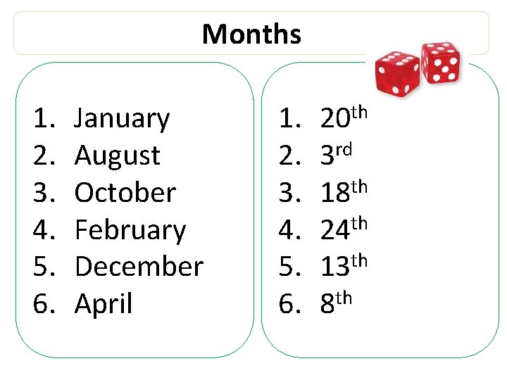 Months 1. 2. 3. 4. 5. 6. January August October February December April 1.