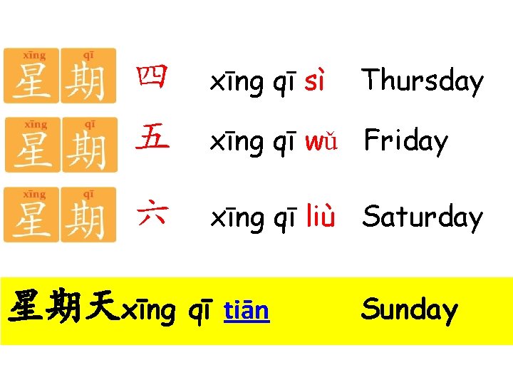 四 xīng qī sì 五 xīng qī wǔ Friday 六 xīng qī liù Saturday