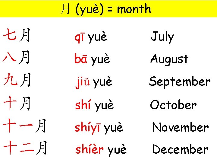 月 (yuè) = month 七月 八月 九月 十月 十一月 十二月 qī yuè July bā