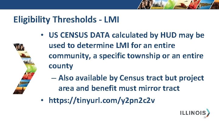 Eligibility Thresholds - LMI • US CENSUS DATA calculated by HUD may be used