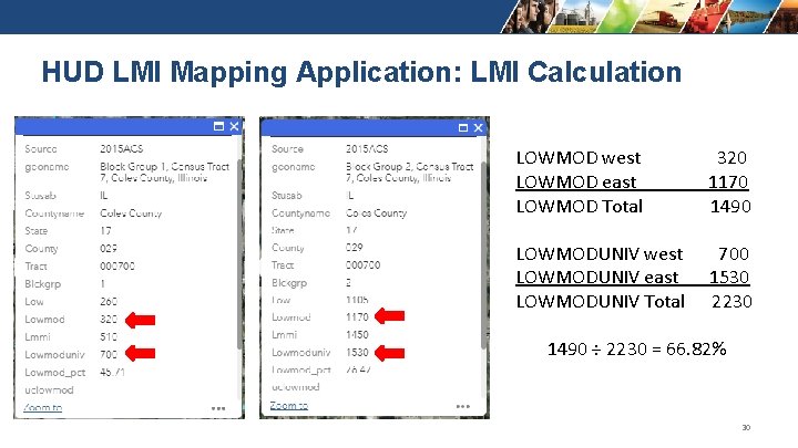 HUD LMI Mapping Application: LMI Calculation LOWMOD west 320 LOWMOD east 1170 LOWMOD Total