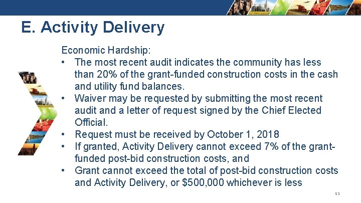 E. Activity Delivery Economic Hardship: • The most recent audit indicates the community has