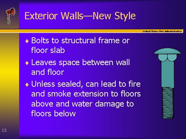 Exterior Walls—New Style United States Fire Administration ¨ Bolts to structural frame or floor