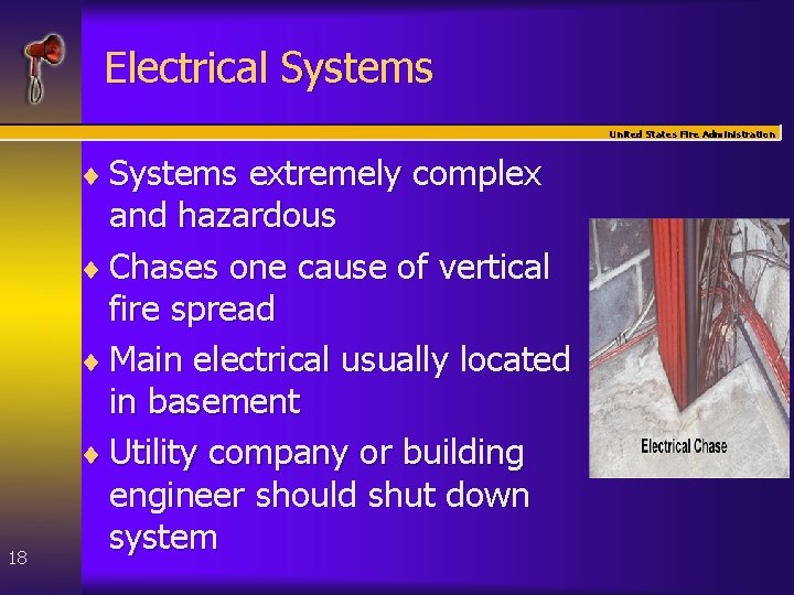 Electrical Systems United States Fire Administration ¨ Systems extremely complex 18 and hazardous ¨