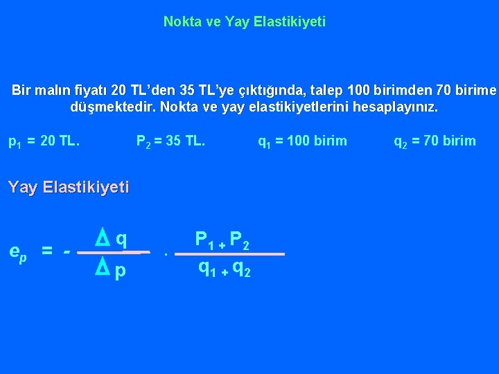 Nokta ve Yay Elastikiyeti Bir malın fiyatı 20 TL’den 35 TL’ye çıktığında, talep 100