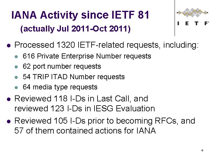 IANA Activity since IETF 81 (actually Jul 2011 -Oct 2011) Processed 1320 IETF-related requests,