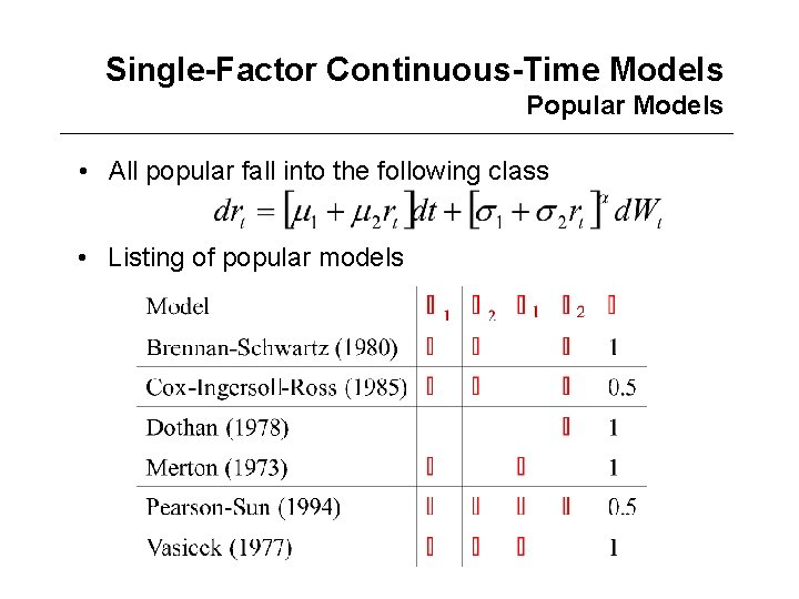 Single-Factor Continuous-Time Models Popular Models • All popular fall into the following class •