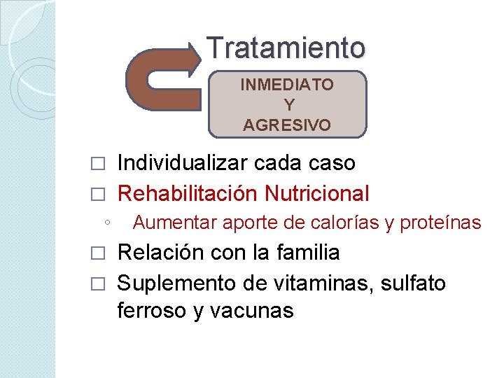 Tratamiento INMEDIATO Y AGRESIVO Individualizar cada caso � Rehabilitación Nutricional � ◦ Aumentar aporte