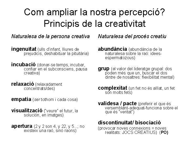 Com ampliar la nostra percepció? Principis de la creativitat Naturalesa de la persona creativa