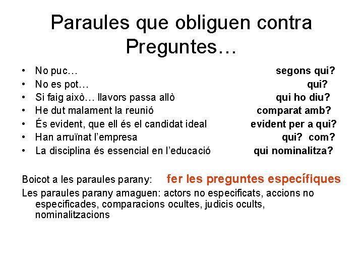 Paraules que obliguen contra Preguntes… • • No puc… No es pot… Si faig Paraules que obliguen contra Preguntes… • • No puc… No es pot… Si faig
