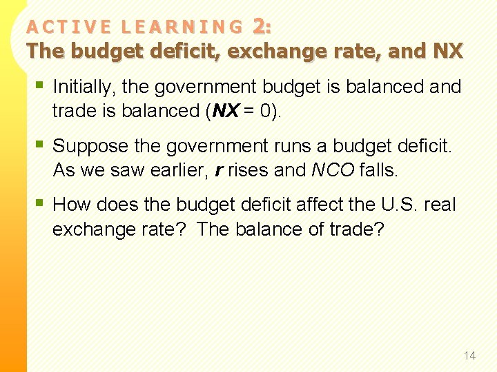2: The budget deficit, exchange rate, and NX ACTIVE LEARNING § Initially, the government