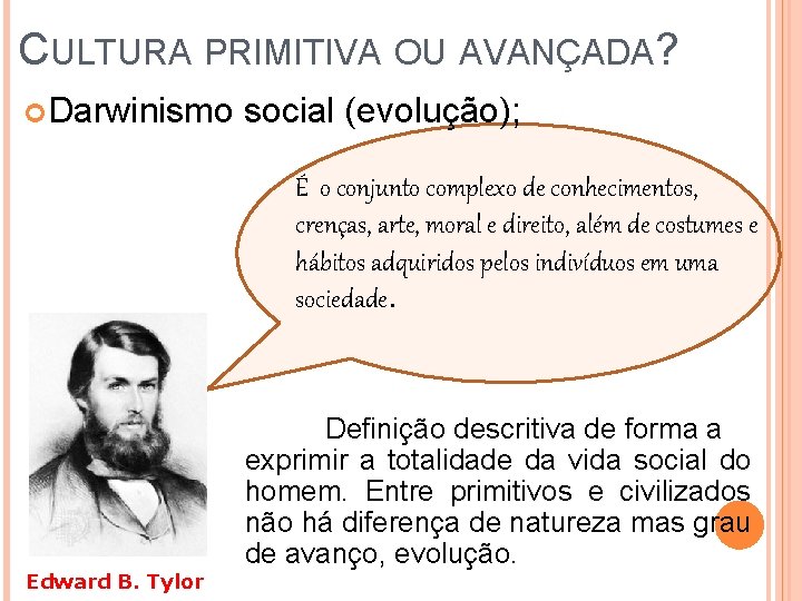 CULTURA PRIMITIVA OU AVANÇADA? Darwinismo social (evolução); É o conjunto complexo de conhecimentos, crenças, CULTURA PRIMITIVA OU AVANÇADA? Darwinismo social (evolução); É o conjunto complexo de conhecimentos, crenças,