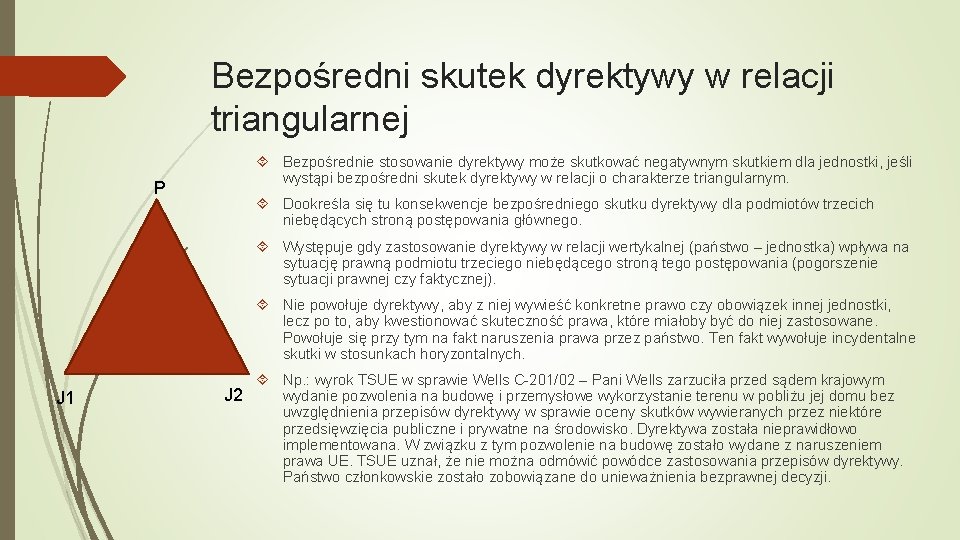 Bezpośredni skutek dyrektywy w relacji triangularnej P Bezpośrednie stosowanie dyrektywy może skutkować negatywnym skutkiem