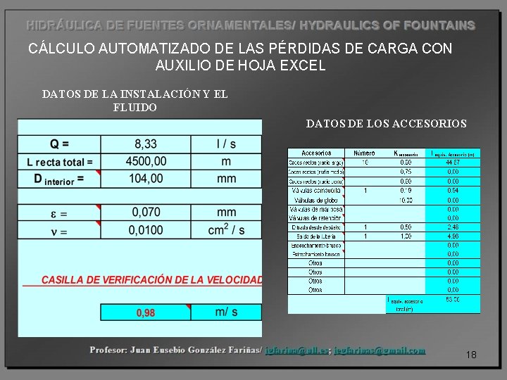 CÁLCULO AUTOMATIZADO DE LAS PÉRDIDAS DE CARGA CON AUXILIO DE HOJA EXCEL DATOS DE