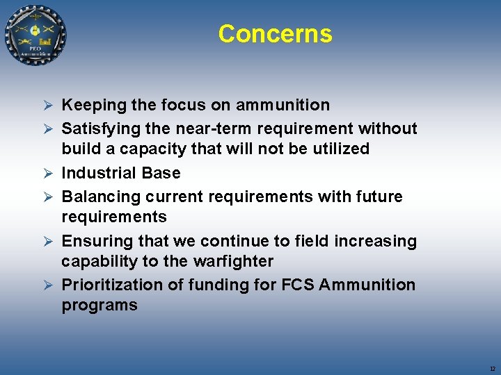 Concerns Ø Keeping the focus on ammunition Ø Satisfying the near-term requirement without Ø