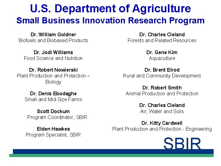 U. S. Department of Agriculture Small Business Innovation Research Program Dr. William Goldner Biofuels