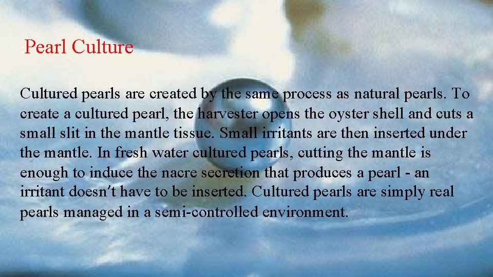 : Pearl Cultured pearls are created by the same process as natural pearls. To