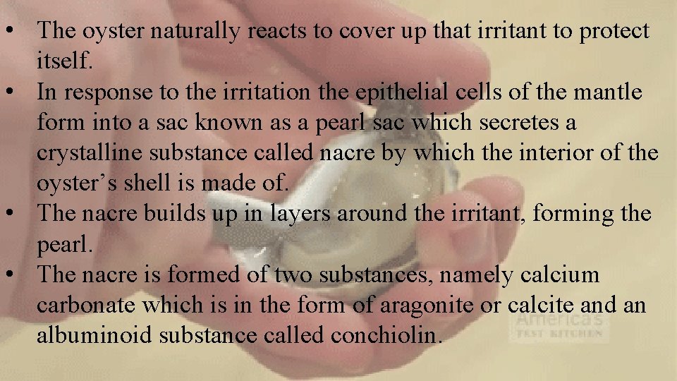  • The oyster naturally reacts to cover up that irritant to protect itself.