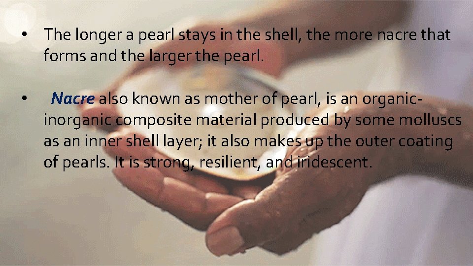  • The longer a pearl stays in the shell, the more nacre that