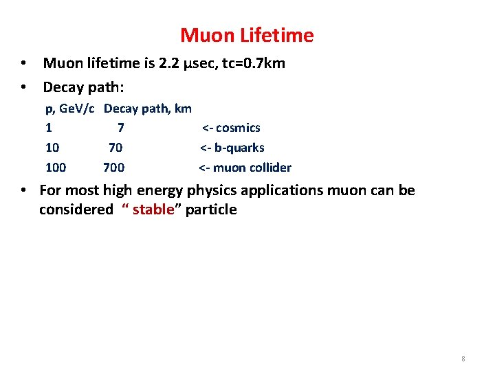 Muon Lifetime • Muon lifetime is 2. 2 µsec, tc=0. 7 km • Decay