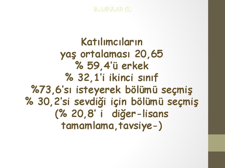 BULGULAR (1) Katılımcıların yaş ortalaması 20, 65 % 59, 4’ü erkek % 32, 1’i