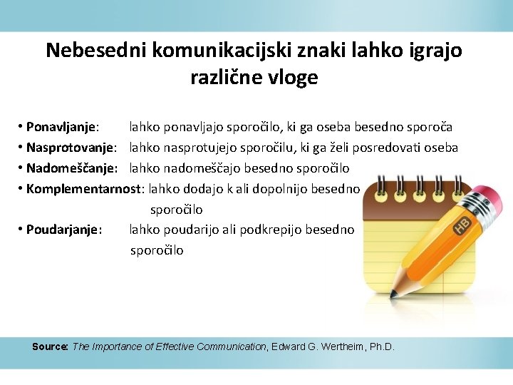 Nebesedni komunikacijski znaki lahko igrajo različne vloge • Ponavljanje: lahko ponavljajo sporočilo, ki ga